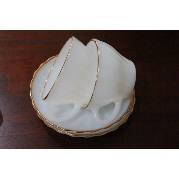 Anchor Hocking Fire King Teacup and Saucers Swirl Milk Gold Vint Glass  Set of 6 - Picture 6 of 11